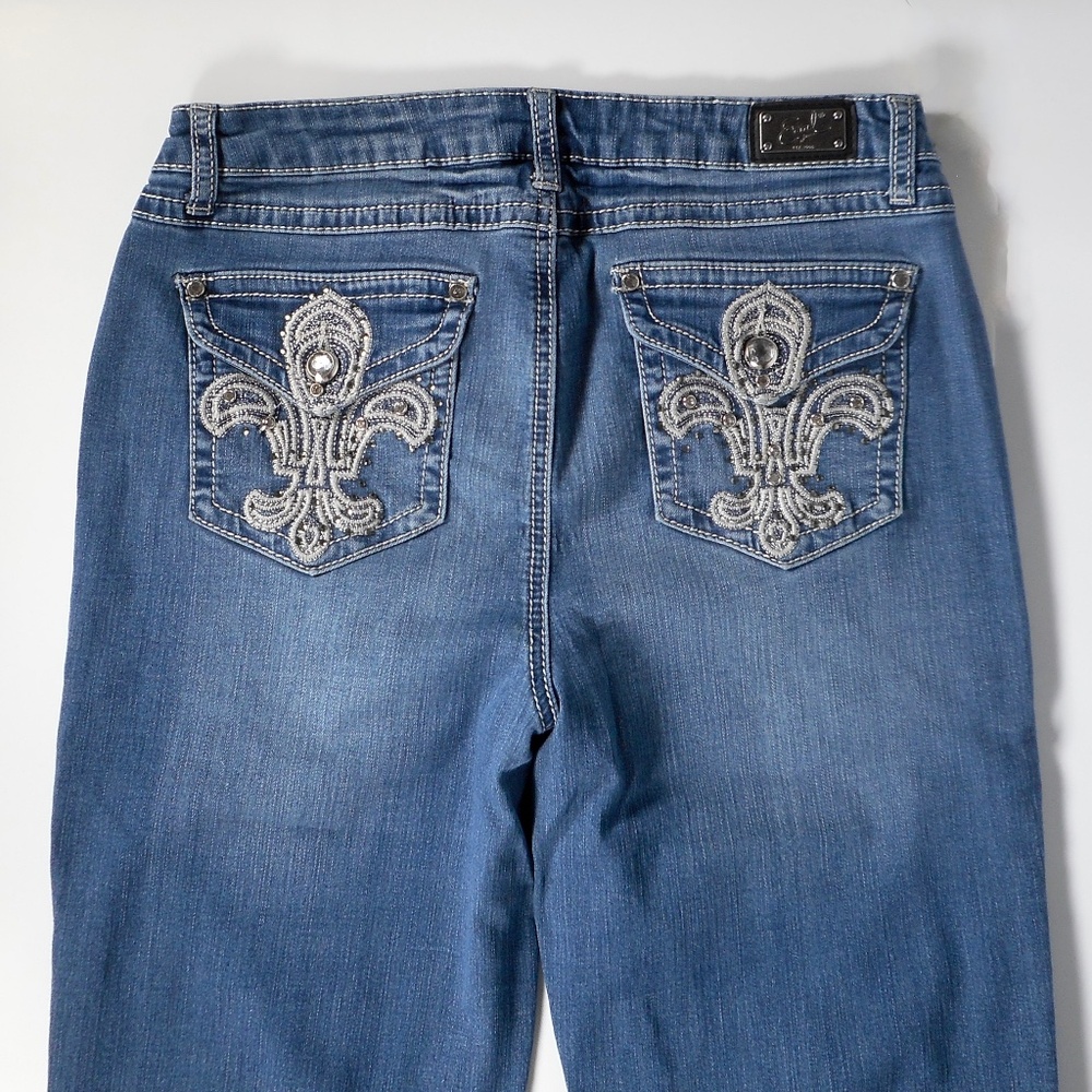 Earl Jeans 12 Denim Blue Straight Leg Bling Flap Pocket 32 x30.5 Fleur De Lis - Picture 3 of 10